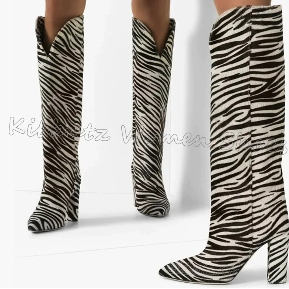 Knee High Boots Zebra Stripes Leather Slip-On Fashion Luxury Elegant Concise Novelty Sexy Pointy Chunky Heels Spicy Girls Shoes - view 5