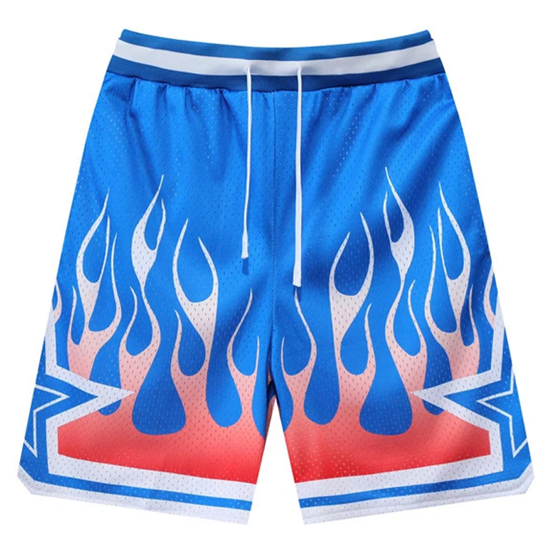 Mens Casual Shorts Mesh Breathable Flame Print Elastic Waist Short Fashion Loose GYM Basketball Sports Pants Unisex Streetwear