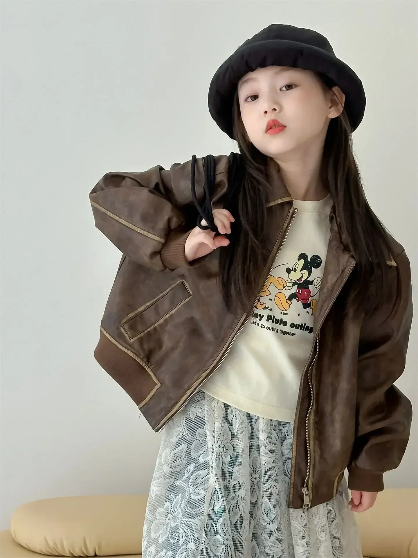 Girls Coat 2024 Autumn New Childrens Wear Korean Style Baby Girl Foreign Style Loose Sweet Retro Leather Jacket Casual Simple