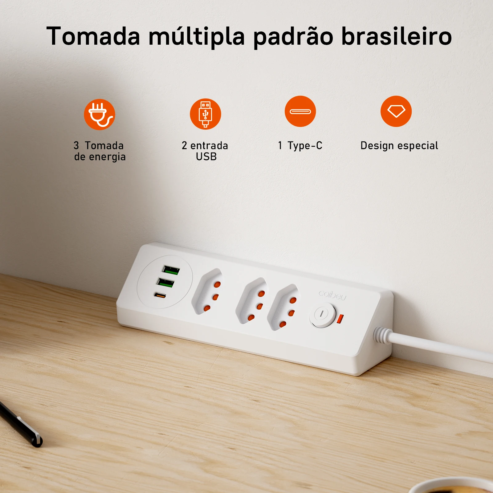 Tomada de energia multifuncional, Extensao elétrica, Regua extensão tomada, tomada 3 pinos16/20A, 2USB+Type-C5V2.1A, Segurança