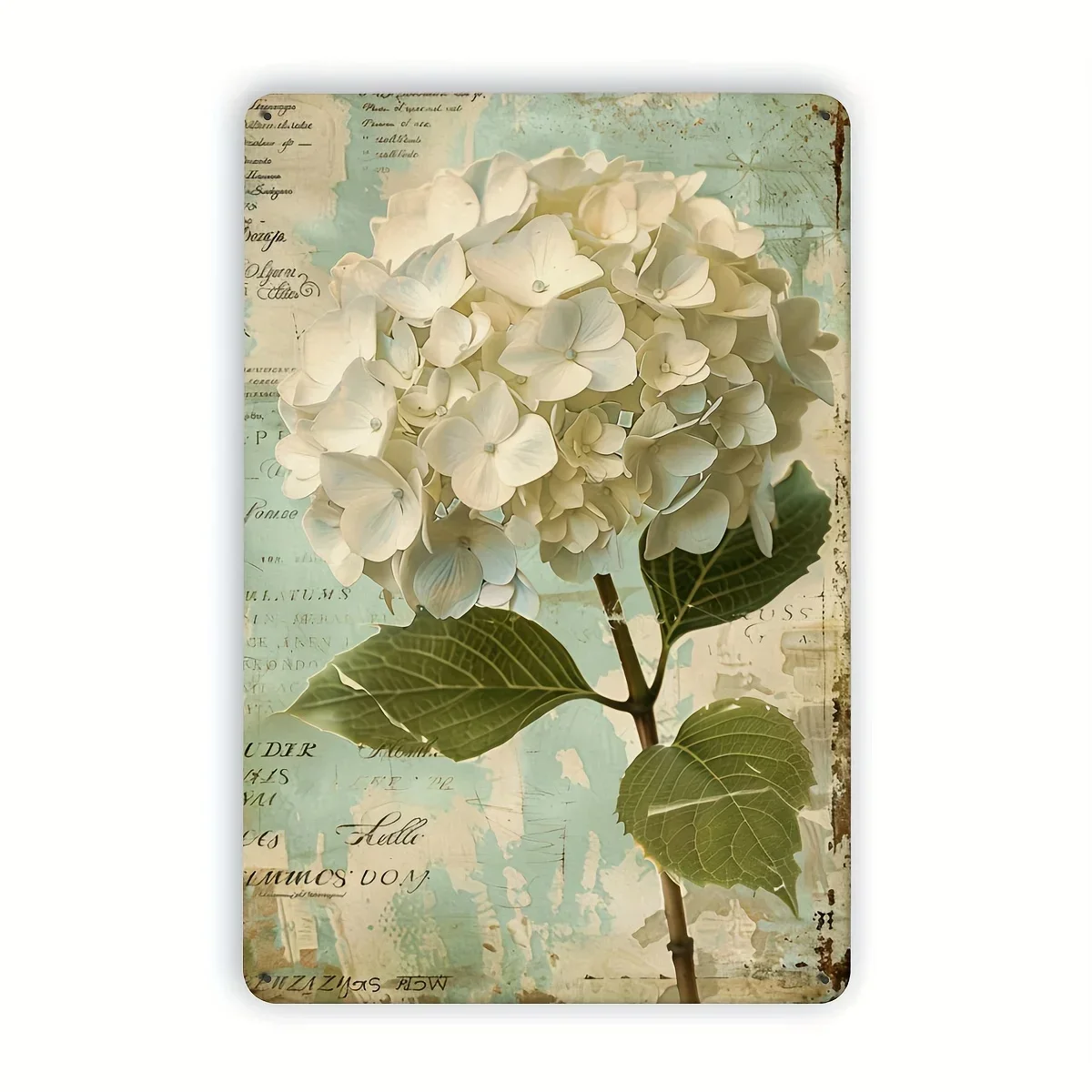 2D Flat, 1pc Vintage Hydrangea Flower Metal Wall Decor - Rustic Farmhouse Floral Sign with Muted Mint Green & White Hydrangea