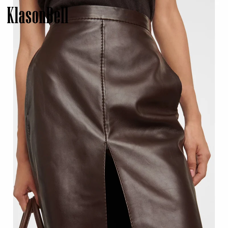 8.5 KlasonBell Women\'s High Quality Sheepskin Package Hip Skirt High Waist Side Pocket Front Split Genuine Leather Skirt