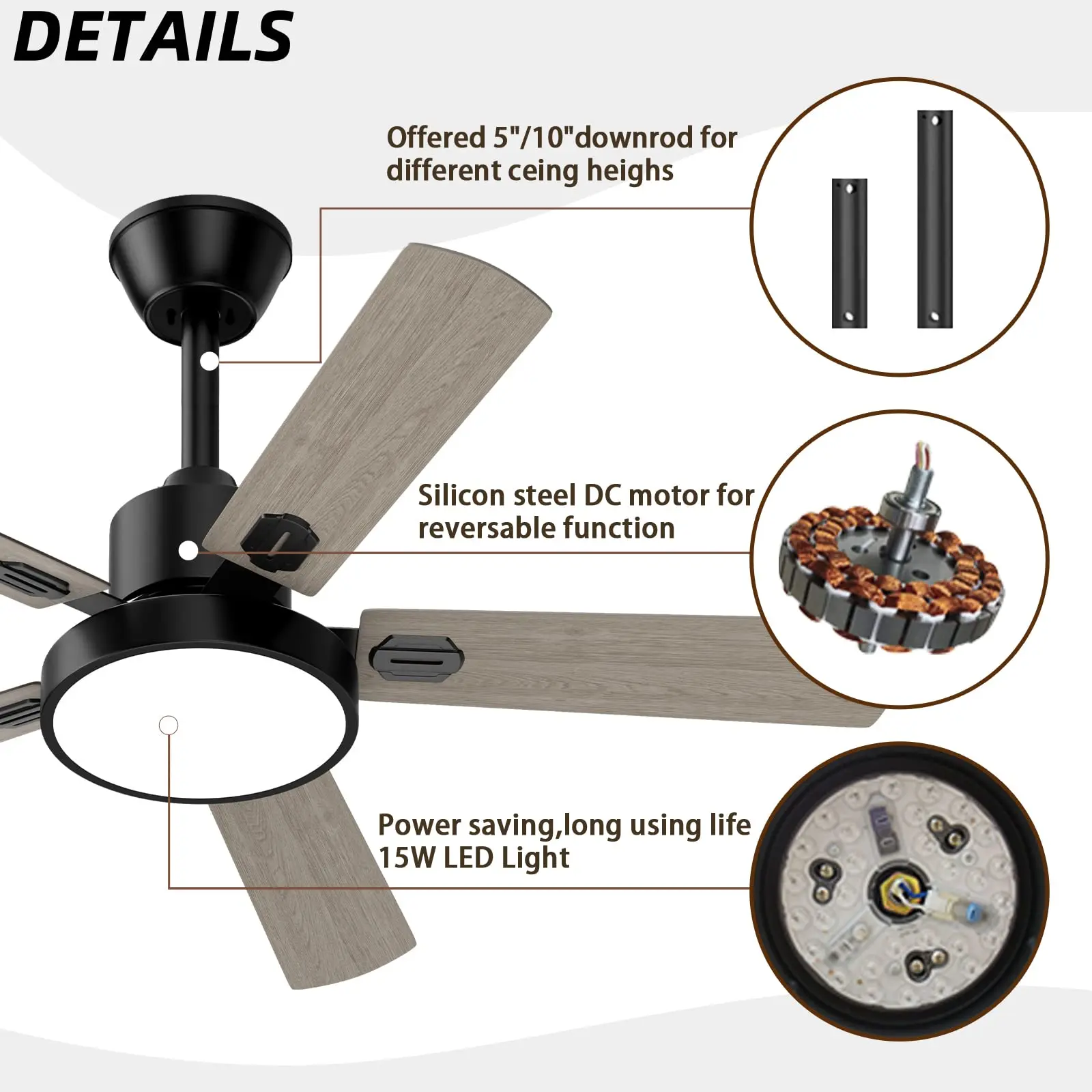 Plafondventilator Met Led Licht 52-Inch Plafondventilator Met Afstandsbediening, Omkeerbare Dc Motor Voor Boerderij Patio 'S Slaapkamer Garage