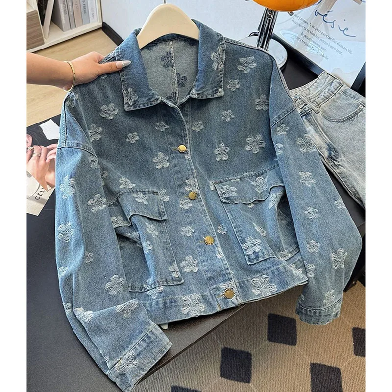 

2026 New Spring Autumn Restore Jacquard Embroidery Denim Jacket Women Loose Korean Short Casual Jeans Coats Female Outwear Tops