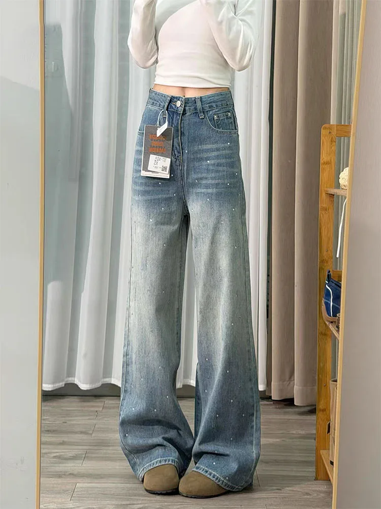 

Blue American Rhinestone Faion Wide Leg Jeans Women's New 2026 High Waist Loose Slim Straight Cut Denim Pants Casual Wear