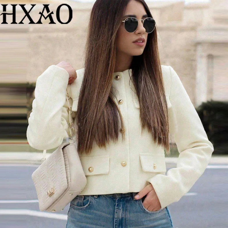 

HXAO Women Jacket Coat Demi-Season Women's Cropped Tweed Jacket Long Sleeve Button Beige Short Coats Elegant Womens Jackets