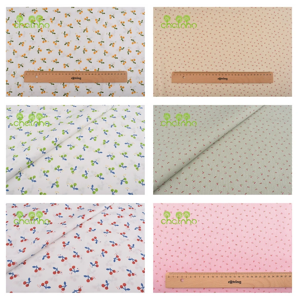 Print Twill Weave Cotton Fabric,Patchwork Cloth,DIY Sewing Quilting Material For Home Decor,Cherry & Stripe Pattern,7pcs,J26C32