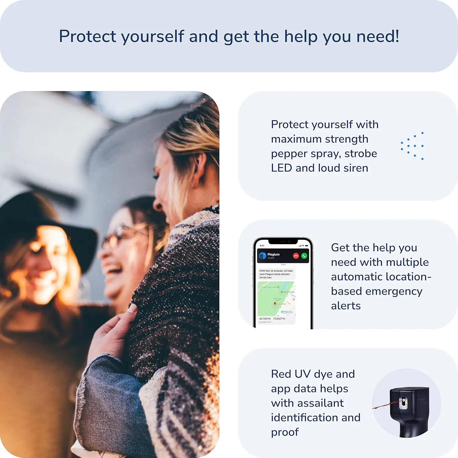 Smart Pepper Spray 5 في 1 - سلسلة مفاتيح للدفاع عن النفس للنساء والرجال مع موقع GPS مجاني، نصوص الطوارئ، التتبع المباشر، B