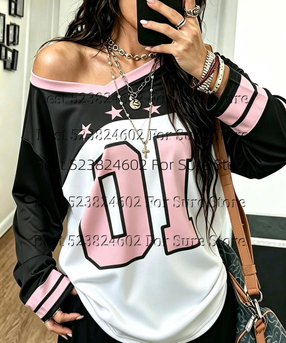 Y2K Women Streetwear Women V Neck Off Shoulder Long Sleeve Shirt Black White Pink Color Block 01 Star Loose Casual Jersey Tops