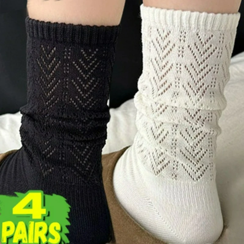 

1/4Pairs Soft Hollow Socks Solid Color Quality Cotton Mid-tube Stockings for Women Autumn Winter Solid Color White Gray Socks
