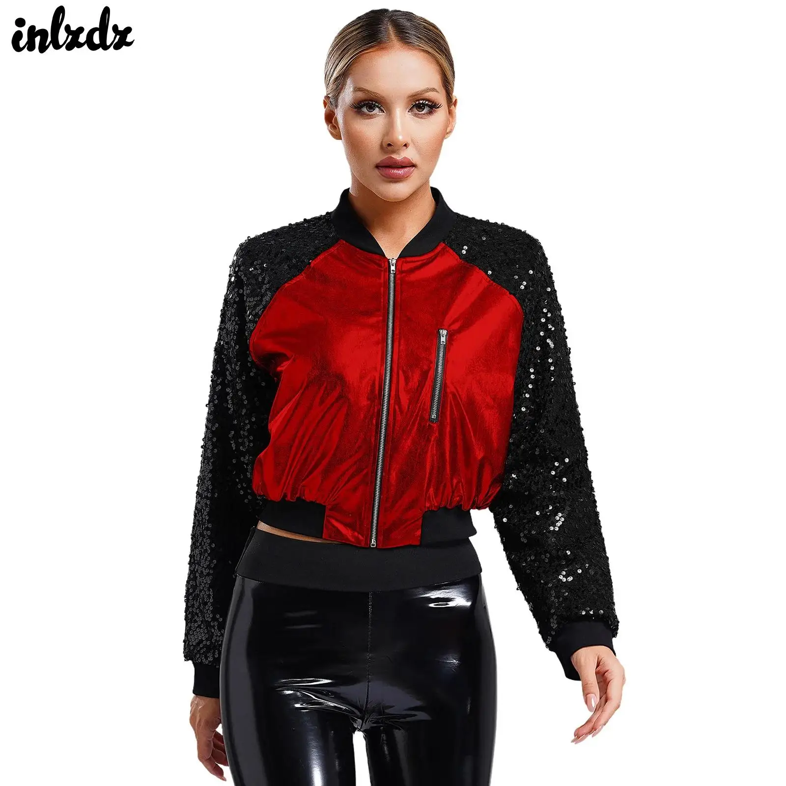 

Womens Metallic Shiny Bomber Jacket Sequined Long Sleeve Front Zipper Crop Baseball Outerwear Hip Hop Latin Jazz Dance Costume