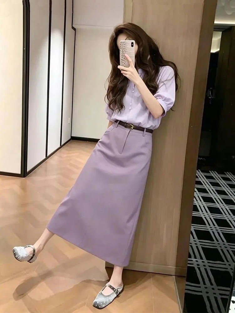 

Summer New plus Size Women's Purple Shirt And Skirt Set Korean Style Comfortable Fashionable High Waist Midi Skirt