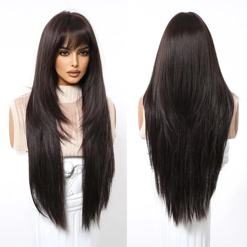

27-Inch Golden High-Length Straight Synthetic Hair With Bangs Heat-Resistant Wig Suitable For Women'S Halloween Daily Parties