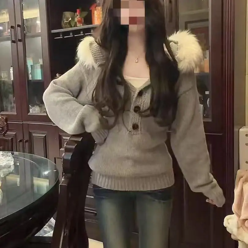 Korean Subculture Hooded Removable Fur Collar Knit Women's Autumn Winter Y2K Slim Short Design Sense Sweater Top