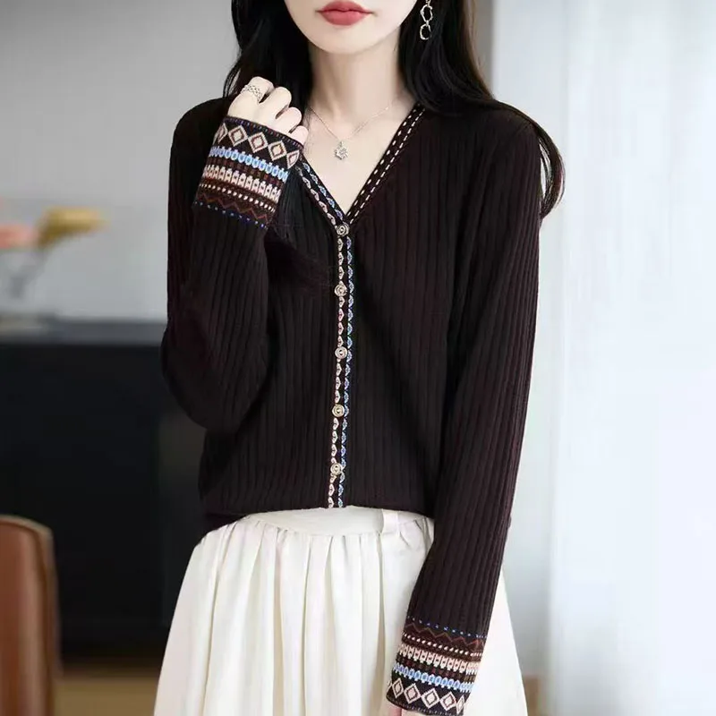 

Новый вязаный свитер с длинными рукавами, женские кардиганы, повседневный вязаный свитер с v-образным вырезом, кардиган, женские топы Sueter Feminino, трикотаж Q1639