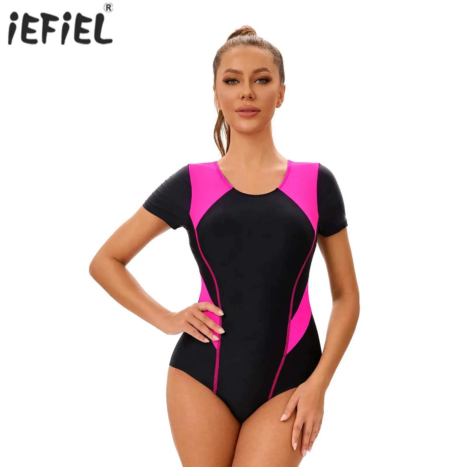 Womens One Piece Swimsuit U Neck Short Sleeves Back Zipper Bodysuit Beachwear Color Block Athletic Swimwear Beach Bathing Suit