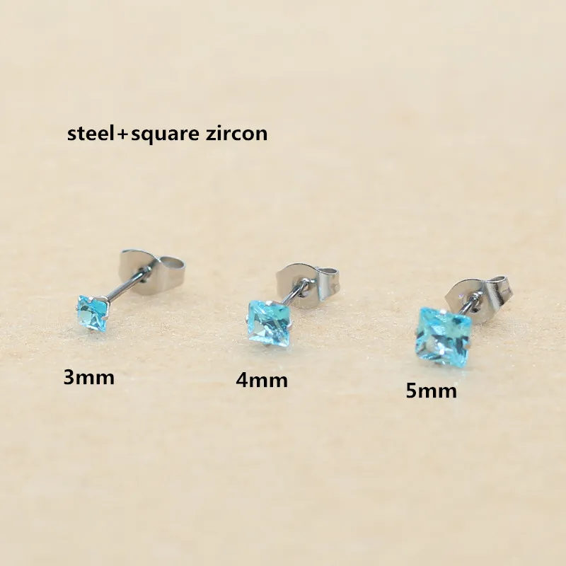 2 pc lot Circle And Square Shape Ocean Blue Zircon Brief Stainless Steel Womne Men  Stud Earrings No Easy Fade Allergy Free