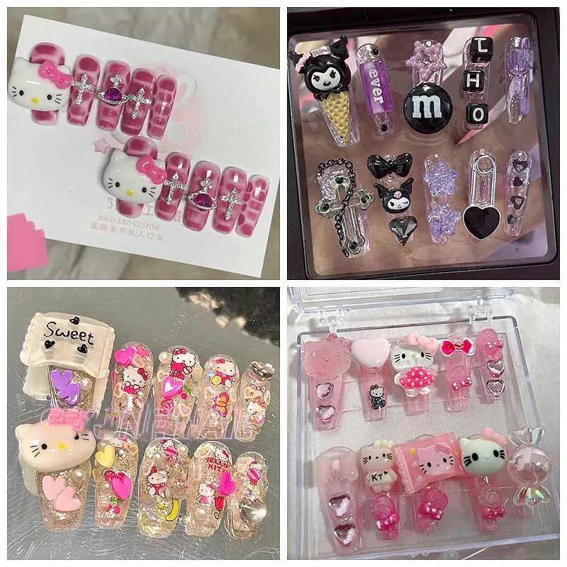 DIY Hello Kitty Press On Nails Y2K Handmade Cartoon Sanrio False Nail Tips Coffin Stiletto Fake Nails With Glue Anime Toys Gift