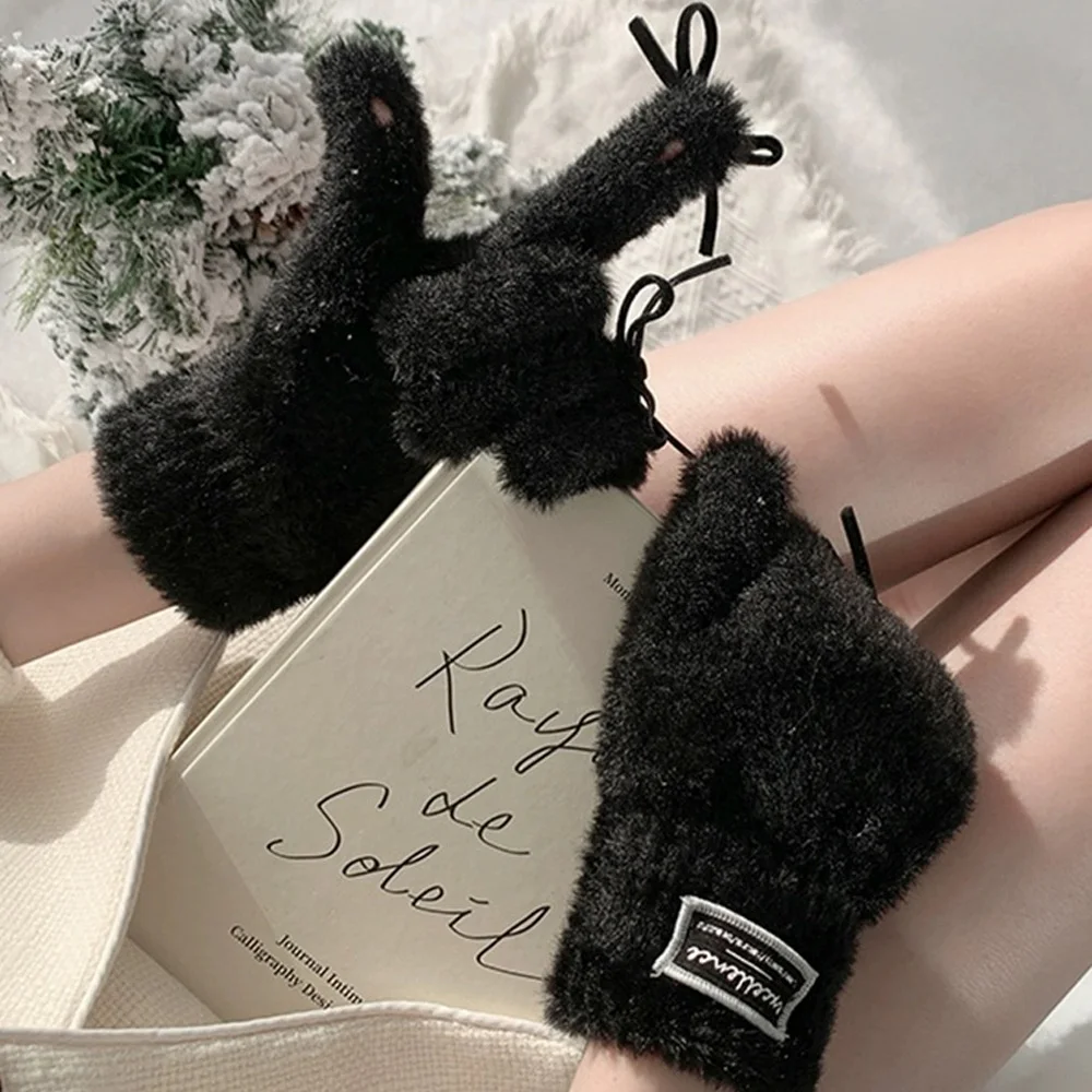 Gants d\'hiver en vison doux pour femmes et filles, mitaines de poignet, arc mignon, monochromatique, blanc, chaud, peluche, tout le doigt,