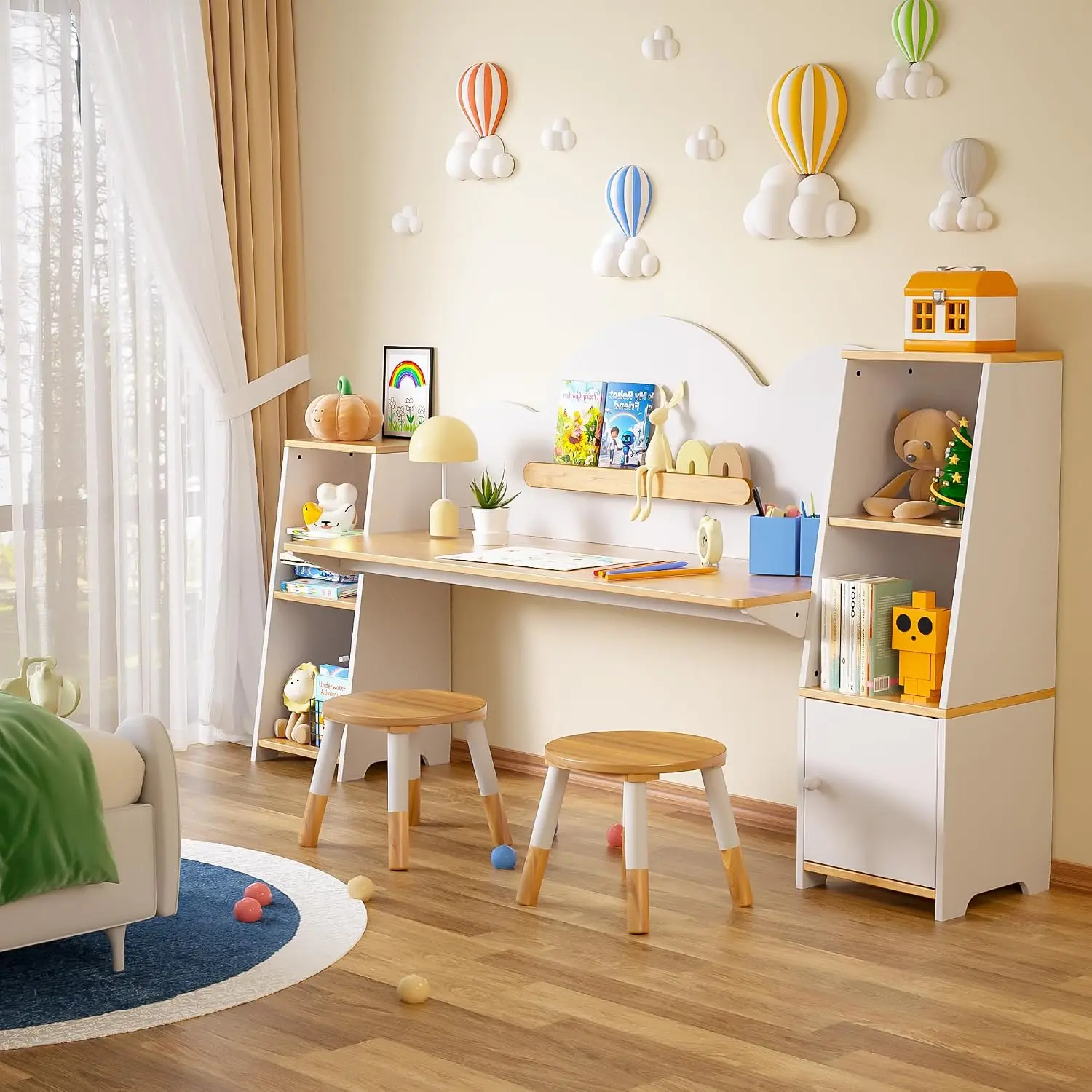 Kids Study Desk & Chair Set with Storage Bookshelves 2 Stools, Student Children Table for Bedroom, Ages 3-8, Customized view 4