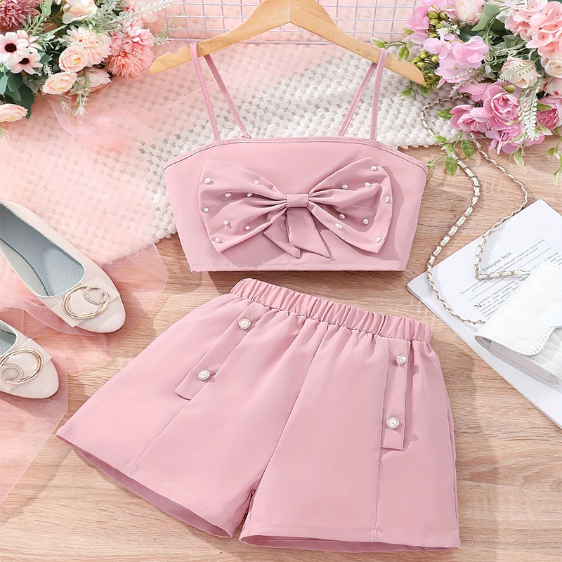 

Two Piece Summer Girl Cute Butterfly Suspender With Solid Elastic Waistband Shorts Princess Birthday Party Costume Set