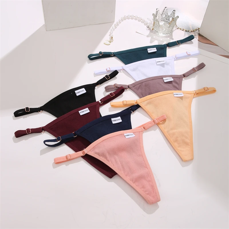 FINETOO 3PCS Women Cotton Underpants Sexy Adjustable Waist Thongs Female Low Rise G-String Stripe Solid Bikini Lingerie Panties