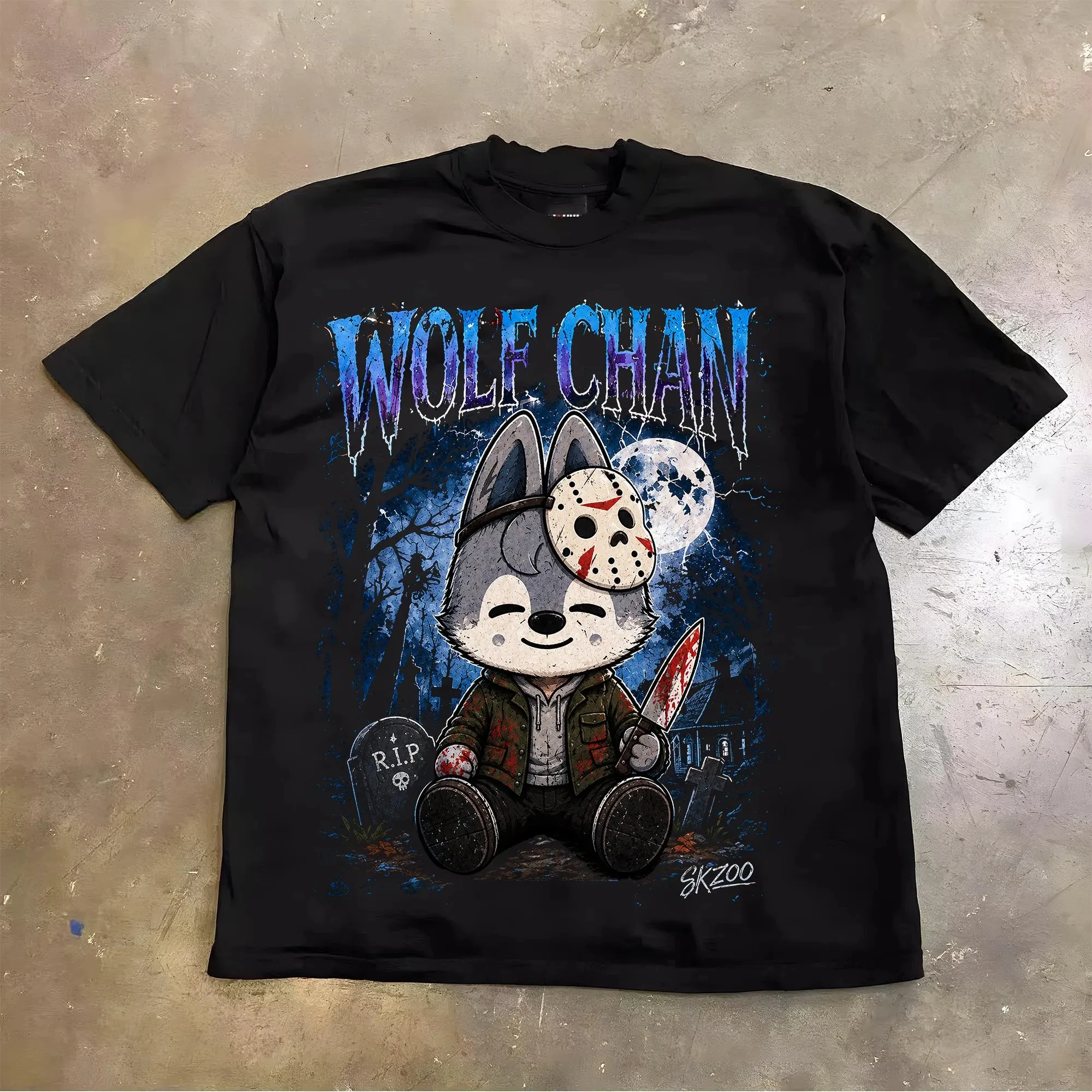 Kpop Stray Kids SKZOO Wolf Chan T-shirt Halloween Horror Cartoon Print Oversized Short Sleeve Unisex Fans Merch Tee