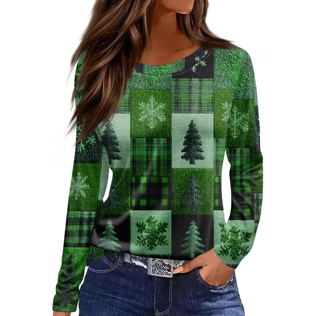 عيد الميلاد طبعة محدودة المرأة ثلاثية الأبعاد عيد الميلاد الكلاسيكية اللون طباعة الجولة الرقبة بأكمام طويلة تي شيرت عادية بأكمام طويلة