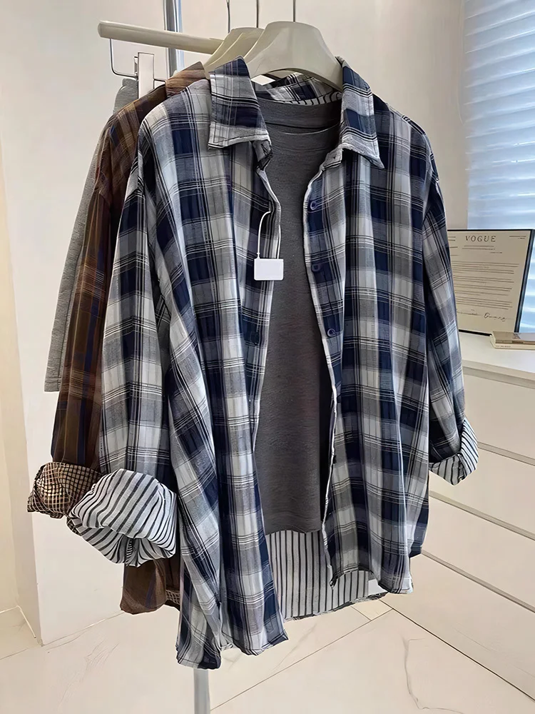 Camisas de mujer a cuadros Vintage de hilo de algodón de doble capa, novedad de 2021, blusa elegante de manga larga con un solo pecho para principios de otoño, Cardiga