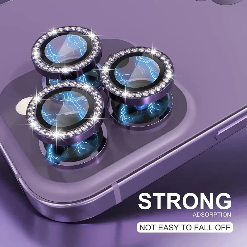 1 conjunto de filme protetor de lente de câmera com glitter diamante strass para iphone 17 16 15 14plus 13 promax acessórios de vidro temperado transparente