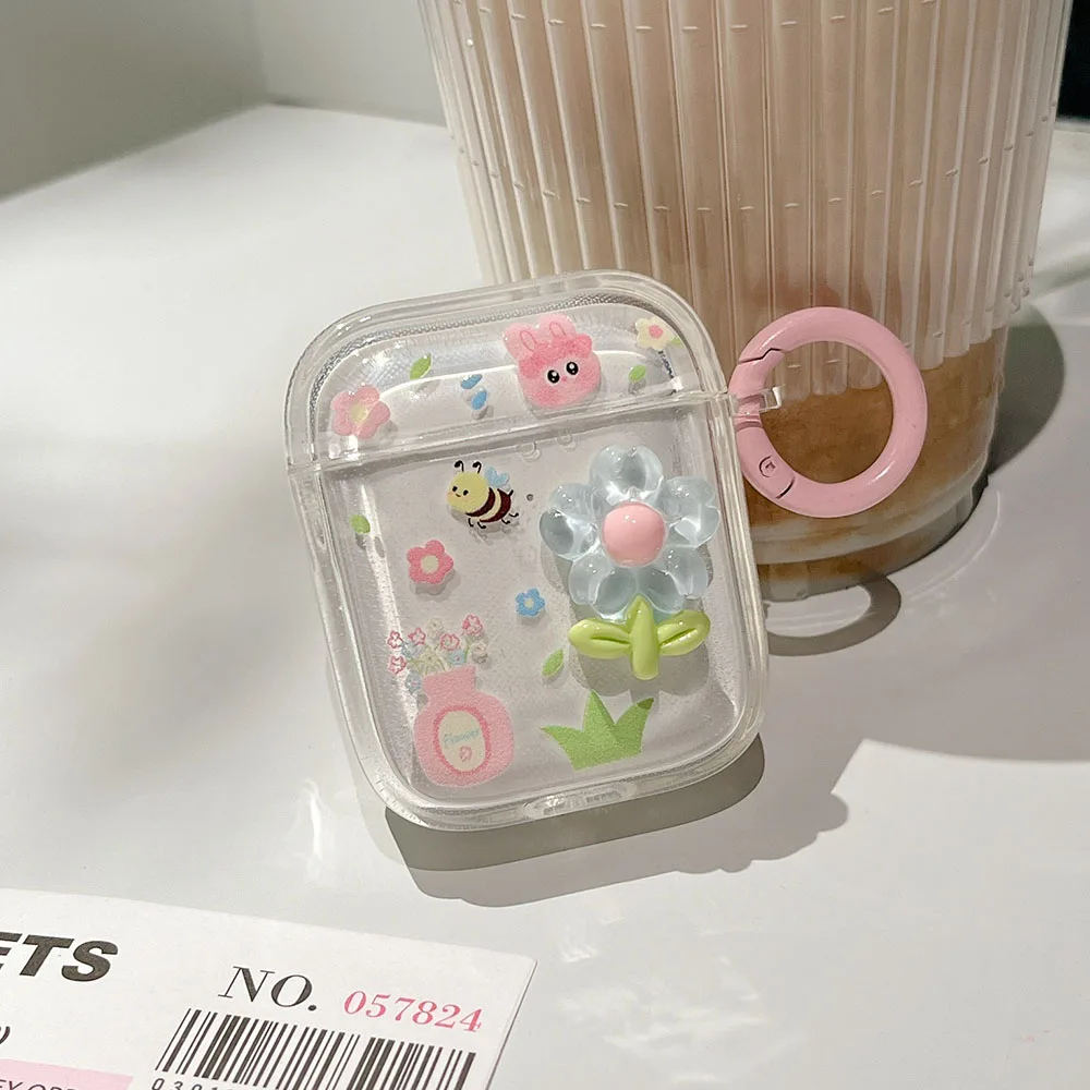 Simpatica custodia per auricolari 3D Fresh Flower Bee per AirPods Pro 1 2 custodia TPU trasparente per Airpods 3 custodia per cuffie Bluetooth con portachiavi