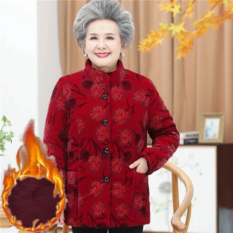 New Corduroy Grandmother Cotton Jacket 5XL Winter Middle-aged Warm Print Hooded Coat Elderly Women Parkas Jacket W1664