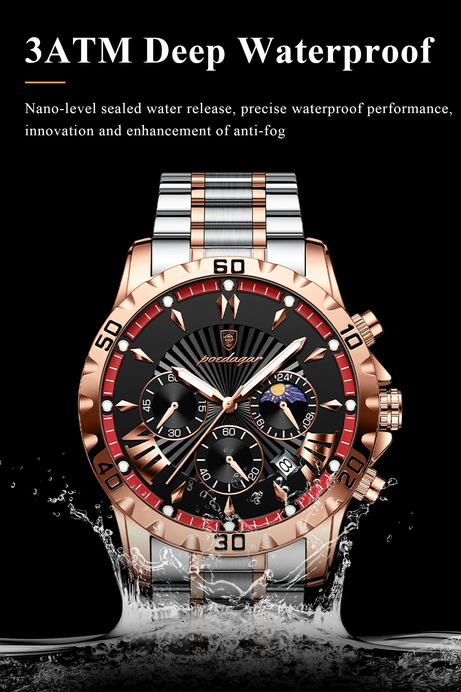 POEDAGAR Top-Luxus-Herrenuhr, Leuchtend, Wasserdicht, Edelstahl, Quarz, Chronograph, Datum, Militäruhr für Herren – Detail 12