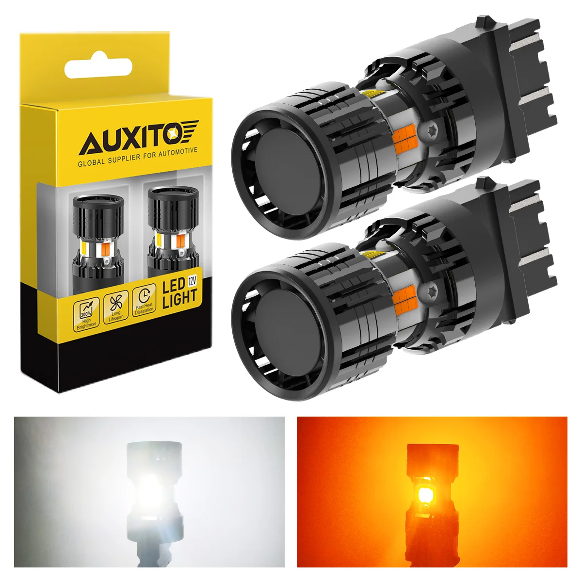 AUXITO 2 szt. 3157 kierunkowskaz LED żarówka podwójny kolor bez hiper Flash błąd Canbus darmowa T25 3157 LED bursztynowa biała 2 w 1 dla Ford focus