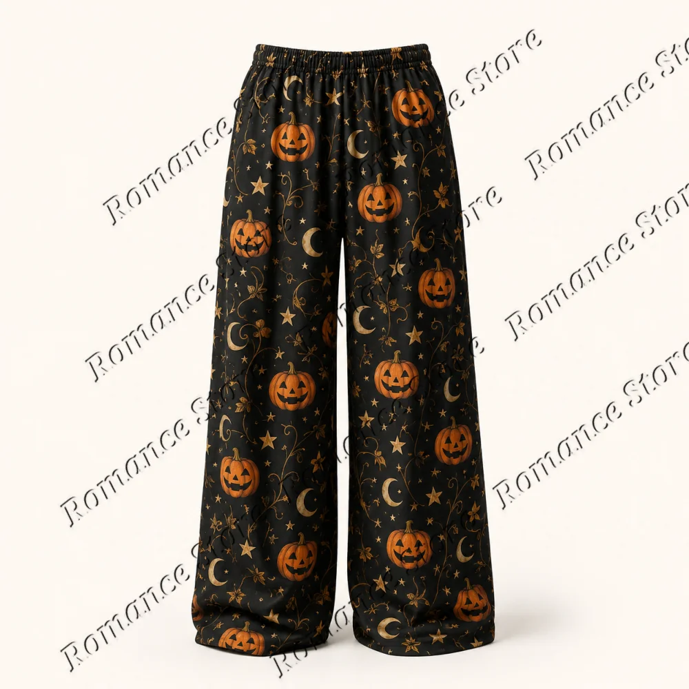 Black Halloween Retro Pumpkin Moon Star Women Wide Leg Pajama Pants Trousers Holiday Casual Milk Silk Wear Sleepwear Bottoms