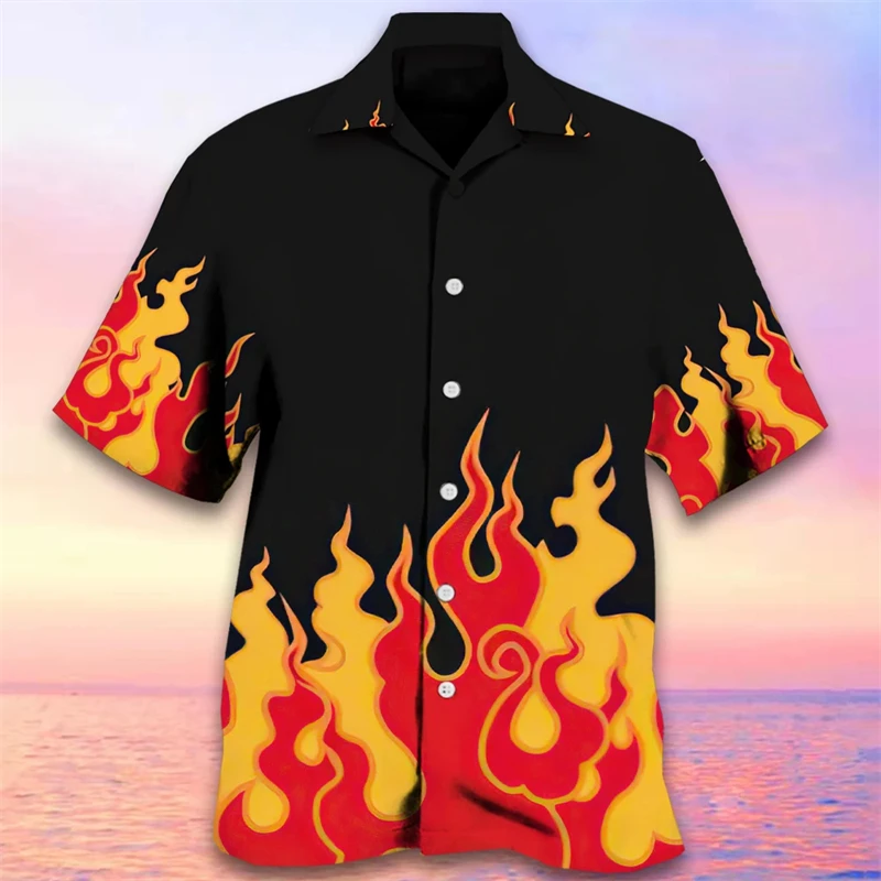 2024 Männer 3d Flame Print Shirt Hawaii lässig Kurzarmhemd Mode Strand Urlaub Revers Shirt Herren Sommer Shirt Kleidung