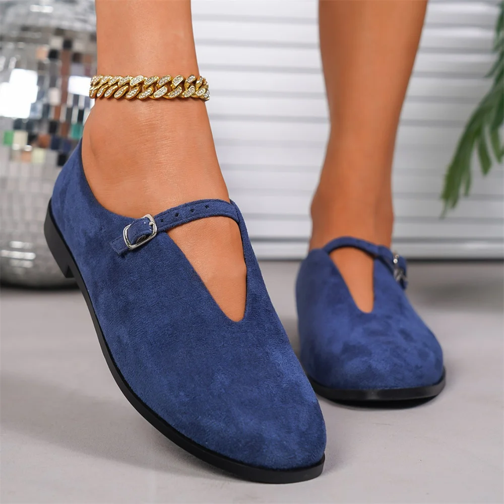 Ballerine da donna nuove di zecca, taglia 42, colore blu floccato, con cinturini con fibbia, punta tonda, modello Mary Jane, scarpe basse da ballo, perfette per tutti i giorni._voghion.com