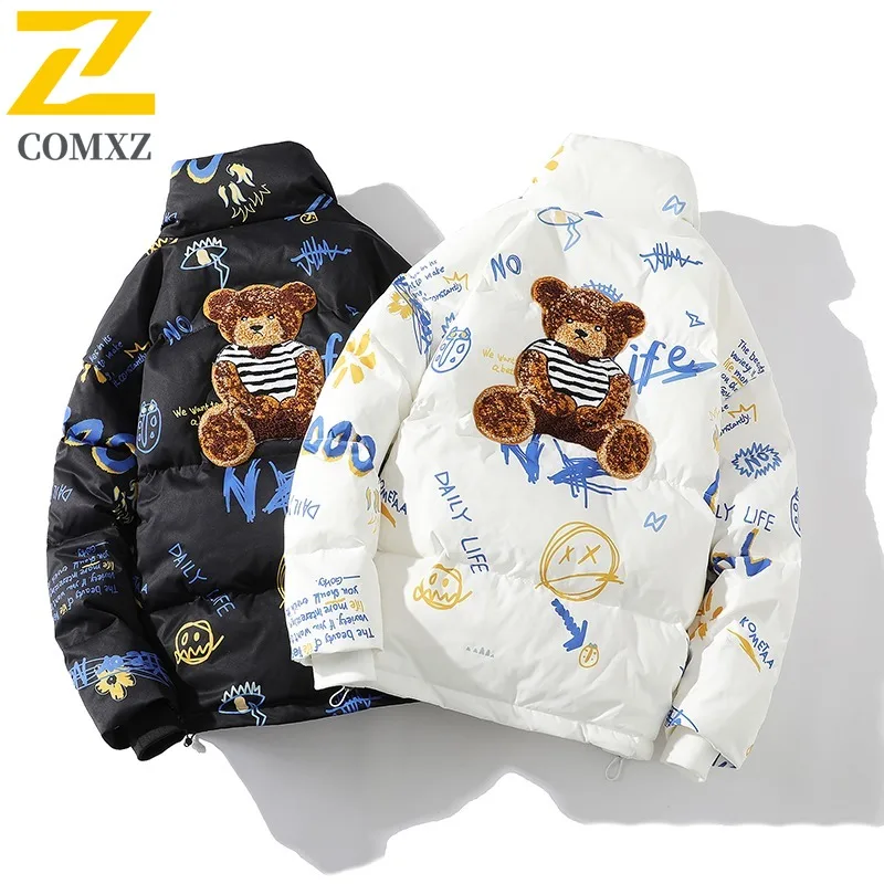 COMXZ Winter Jackets Thick Warm Graffiti Loose Travel Puffer Jacket Lightweight Snowy 90% White Duck Down Jacket Men's Clothing