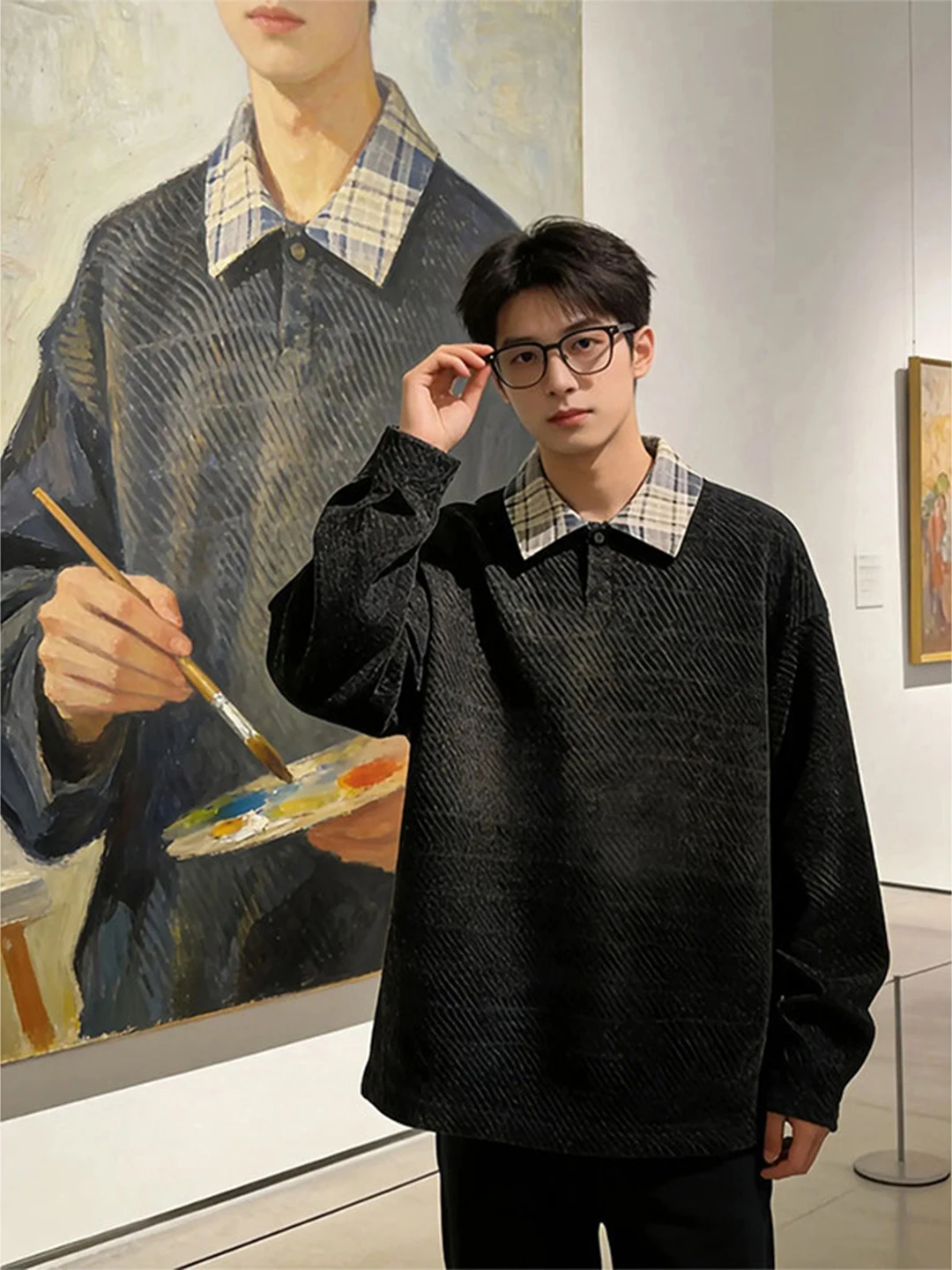 

Bla Spliced Long Sve Hoodie Men's Spring Heavyweight Star T-irt Sle Base irt Top American Sle Loose Fit Fce L...