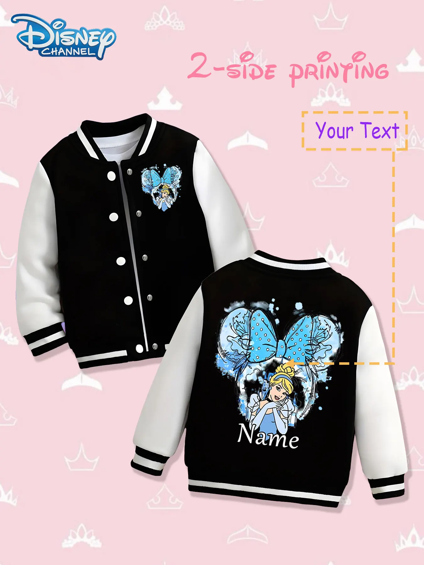 

MINISO Disney Cinderella Minnie Heart Children's Baseball Jacket - Double-sided printing presents Cinderella and Minnie heart sh