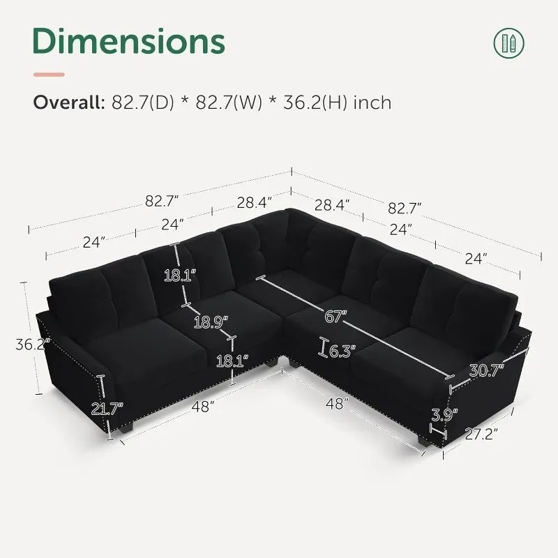 Convertible Sectional Sofa L Shaped Couch for Small Apartment Reversible Sectional Couch for Living Room,Velvet Black