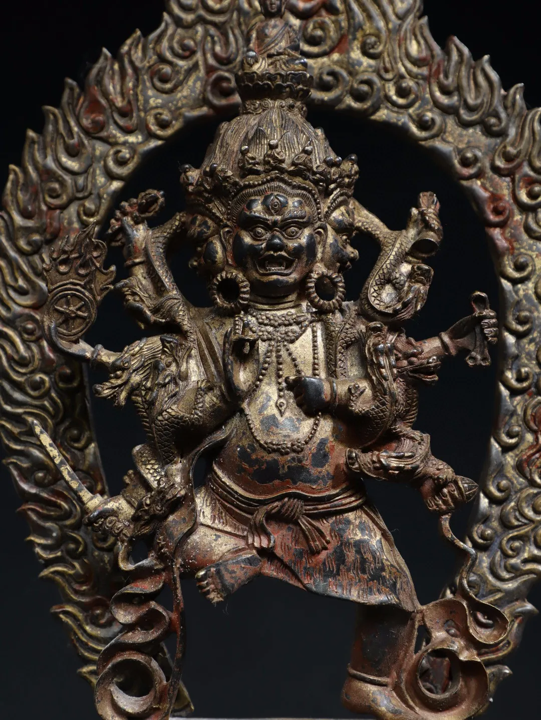 Tibetan Old Yellow Copper Mud Gold Painted Three sided Six Armed Vajra Bodhisattva Statue Decoration Home Buddhist Hall Supplies