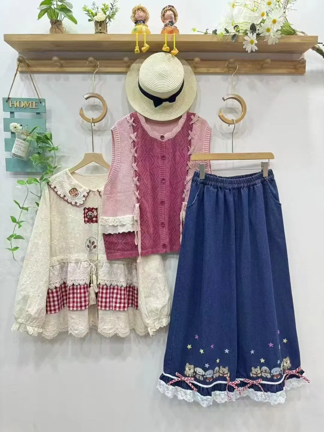 New 2025 Autumn Cotton Denim Trousers, Women Elastic Waist Embroidery Lace Bow, Mori Girl French Retro Wide Leg Jeans B58526CC