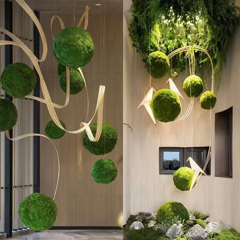 

Immortal moss ball ceiling art landscaping decoration bamboo art installation bamboo row indoor roof hanging shopping mall