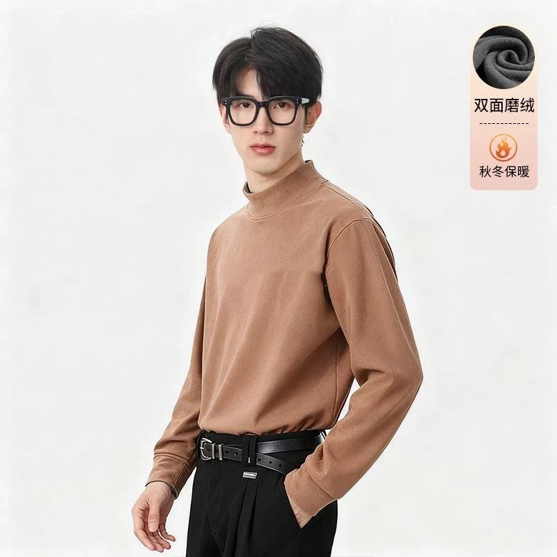 الخريف والشتاء بلون الوجهين نحى نصف الياقة المدورة الحرارية قاع قميص طويل الأكمام تي شيرت الرجال رداء علوي غير رسمي