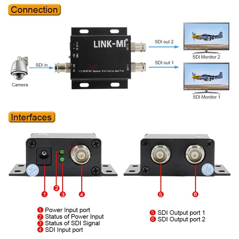 LINK-MI 1x2 SDI divisor SD/HD-SDI/3G-SDI repetidor de señal amplificador de distribución 300m 400m 1 en 2 salidas convertidor sdi 1080p SDI