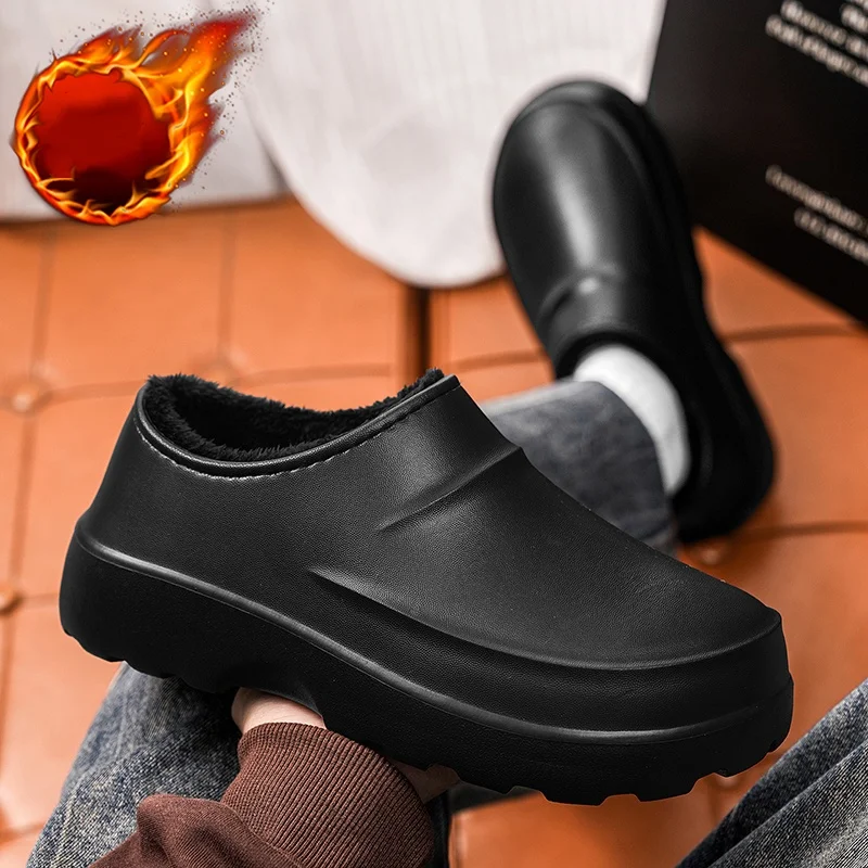 Men's and Women's Couples' Fully Enclosed Plush Cotton Slippers with Eva Integrated Waterproof Upper, Thick-Soled Non-Slip Autumn and Winter Home Warm Cotton Shoes