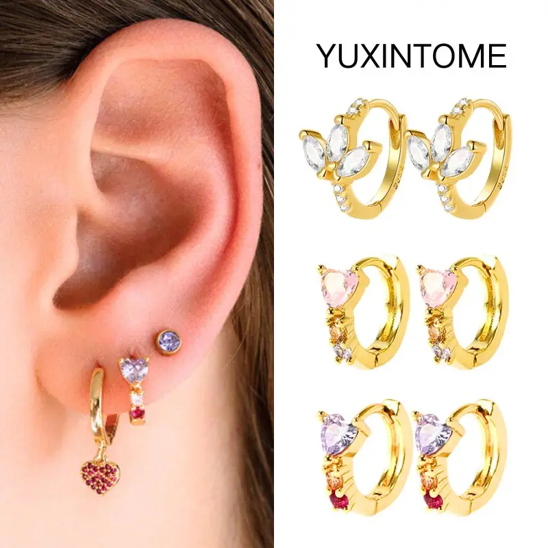 

925 Sterling Silver Needle Luxury Heart Pink/Purple Crystal Hoop Earrings Women's Exquisite Flower Geometry Earring Fine Jewelry