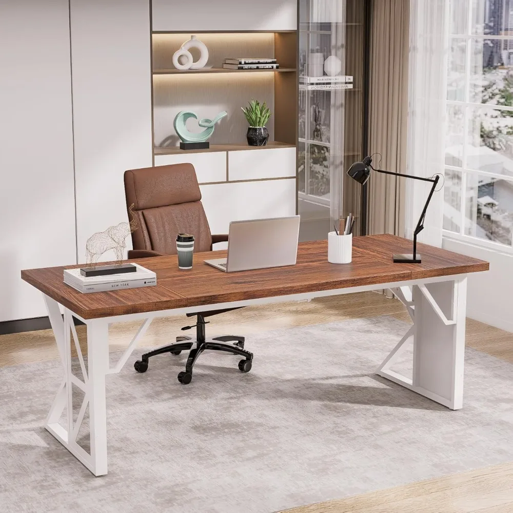

70.8-inch office desk, large computer desk with heavy-duty metal frame, wood grain medium density fiberboard for home offices