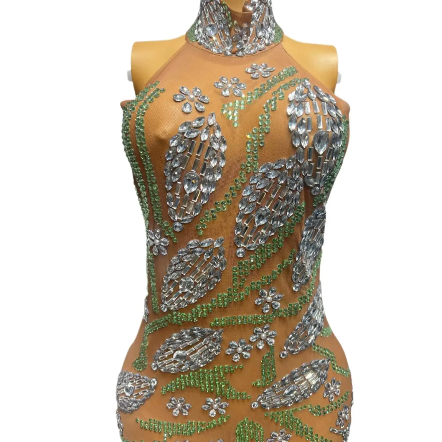 Luoye Elegant Women Sleeveless Dress Sexy Perspective Mesh Hanging Neck Diamond Dress Wedding Banquet Birthday Prom Gowns